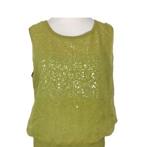 ST. JOHN Green Sequined Sweater Vest with Sheer Overlay Size Large.